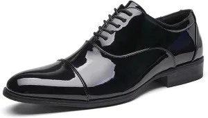 Men's Patent Leather Cap Toe Tuxedo Oxfords Fashion Classic Low Top Lace-Up Low Chunky Heel Dress Derby Shoes for Business Wedding Party