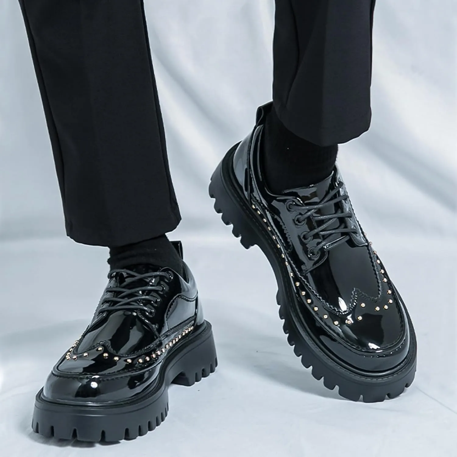 Men's Patent Leather Platform Wingtip Oxford Shoes with Rivets Round Toe Lace Up Lug Sole Brogue Dress Shoes Comfortable Business Work Causal Derby Oxfords