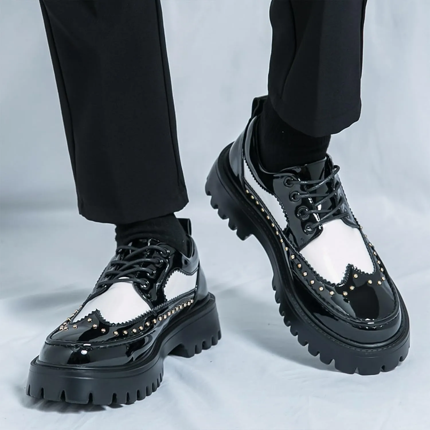 Men's Patent Leather Platform Wingtip Oxford Shoes with Rivets Round Toe Lace Up Lug Sole Brogue Dress Shoes Comfortable Business Work Causal Derby Oxfords