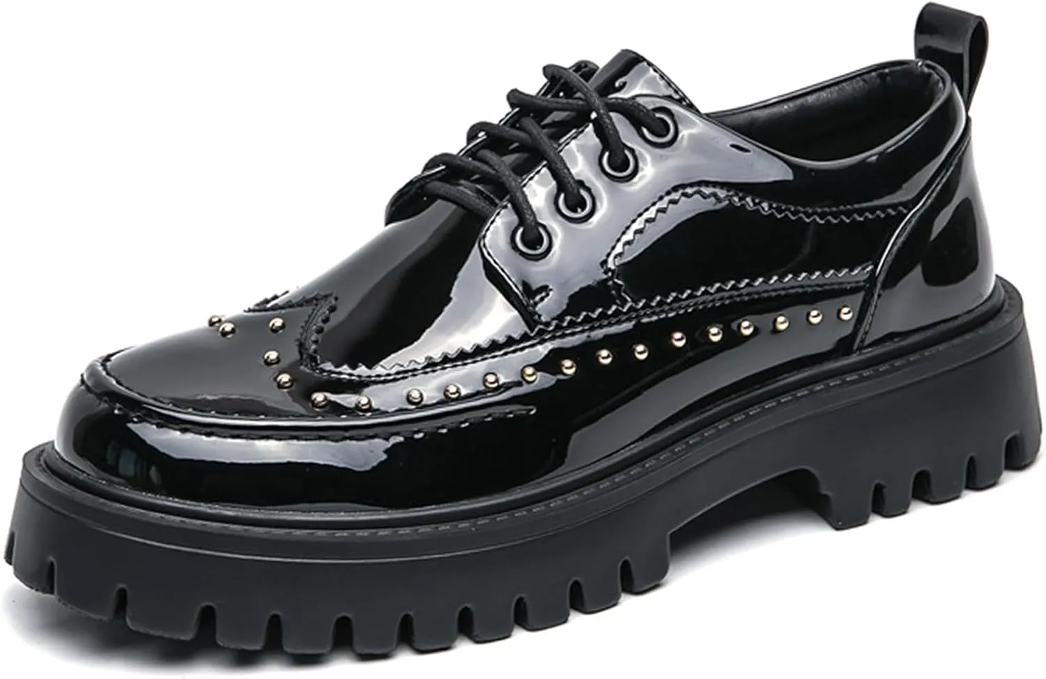 Men's Patent Leather Platform Wingtip Oxford Shoes with Rivets Round Toe Lace Up Lug Sole Brogue Dress Shoes Comfortable Business Work Causal Derby Oxfords