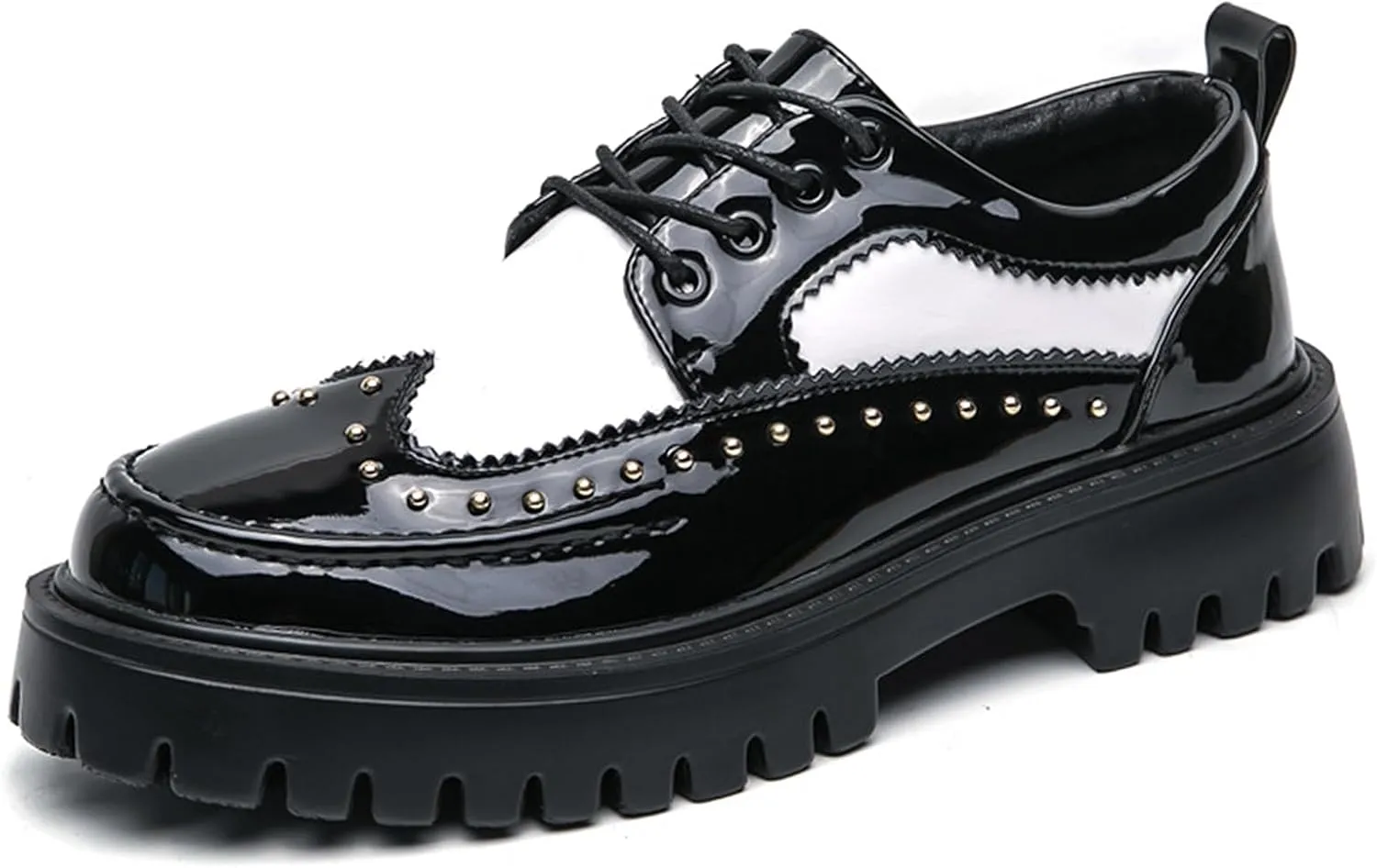 Men's Patent Leather Platform Wingtip Oxford Shoes with Rivets Round Toe Lace Up Lug Sole Brogue Dress Shoes Comfortable Business Work Causal Derby Oxfords