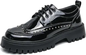 Men's Patent Leather Platform Wingtip Oxford Shoes with Rivets Round Toe Lace Up Lug Sole Brogue Dress Shoes Comfortable Business Work Causal Derby Oxfords