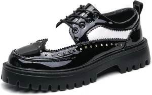 Men's Patent Leather Platform Wingtip Oxford Shoes with Rivets Round Toe Lace Up Lug Sole Brogue Dress Shoes Comfortable Business Work Causal Derby Oxfords