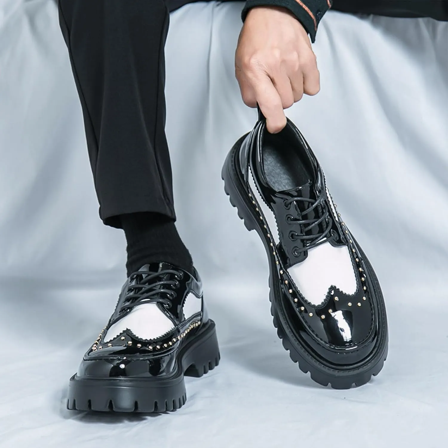 Men's Patent Leather Platform Wingtip Oxford Shoes with Rivets Round Toe Lace Up Lug Sole Brogue Dress Shoes Comfortable Business Work Causal Derby Oxfords