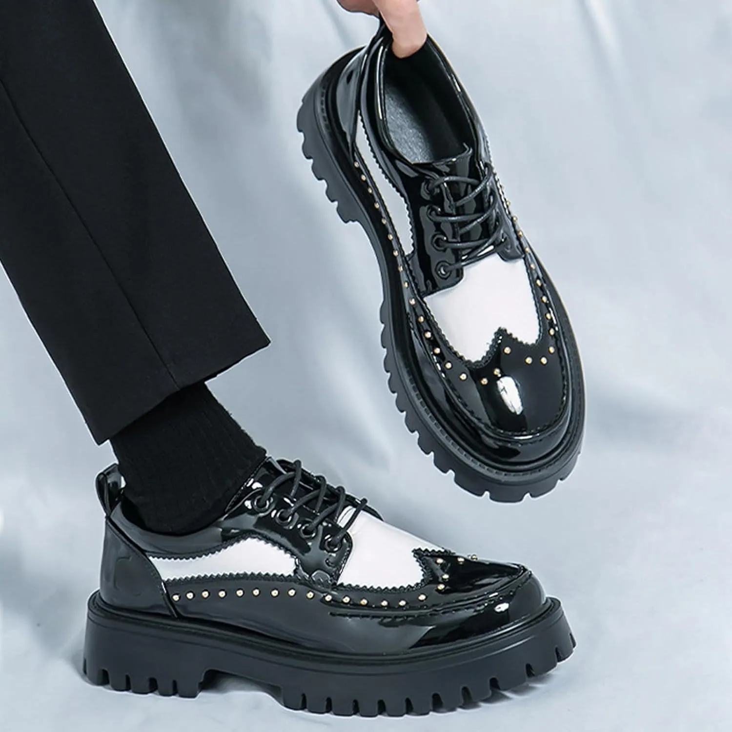 Men's Patent Leather Platform Wingtip Oxford Shoes with Rivets Round Toe Lace Up Lug Sole Brogue Dress Shoes Comfortable Business Work Causal Derby Oxfords