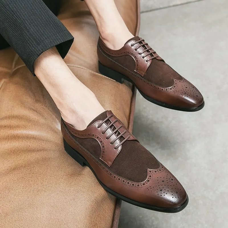 Men's Pointed Toe Brogue Oxford Shoes Fashion Classic Carved Lace Up Leather Low Heels Dress Shoes