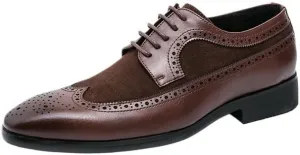 Men's Pointed Toe Brogue Oxford Shoes Fashion Classic Carved Lace Up Leather Low Heels Dress Shoes