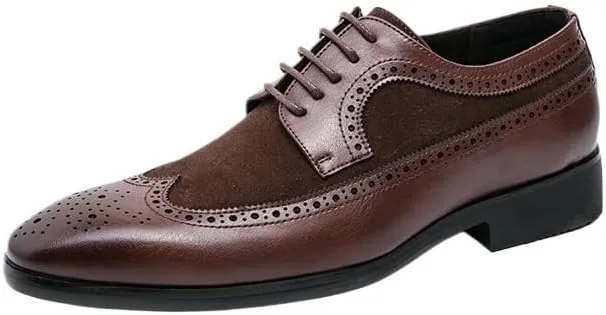 Men's Pointed Toe Brogue Oxford Shoes Fashion Classic Carved Lace Up Leather Low Heels Dress Shoes