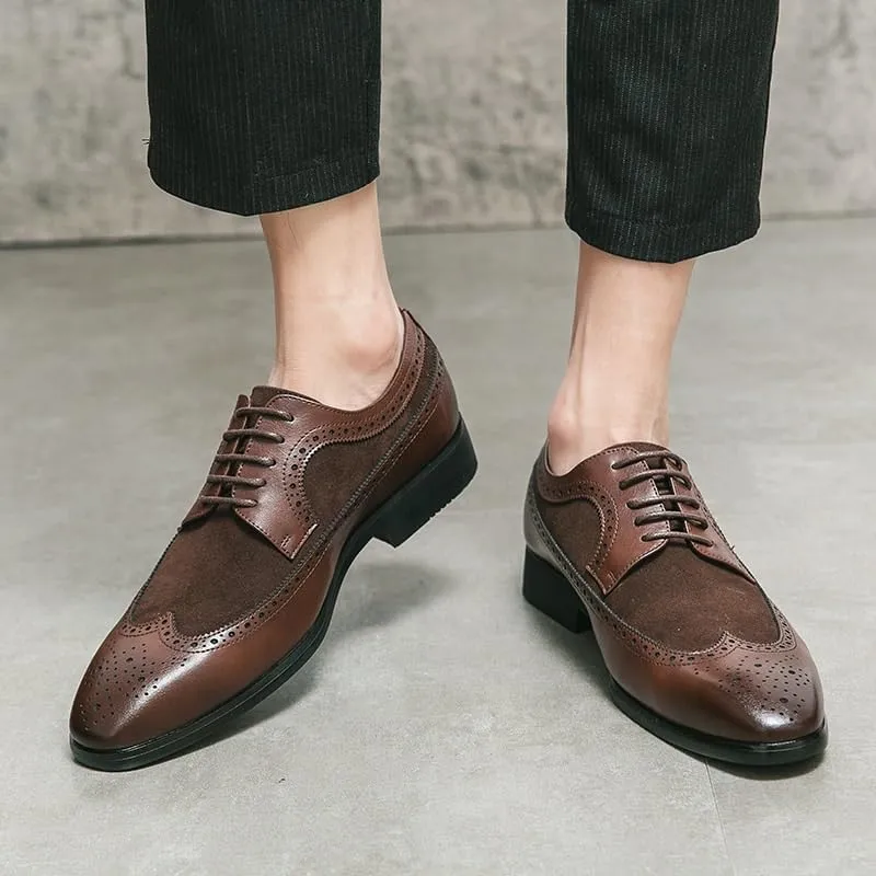 Men's Pointed Toe Brogue Oxford Shoes Fashion Classic Carved Lace Up Leather Low Heels Dress Shoes