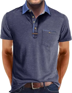 Men's Regular Fit Casual Short Sleeve Vintage Dual Tipped Collar Button Down Polo Shirt Golf Tee Shirts with Pocket
