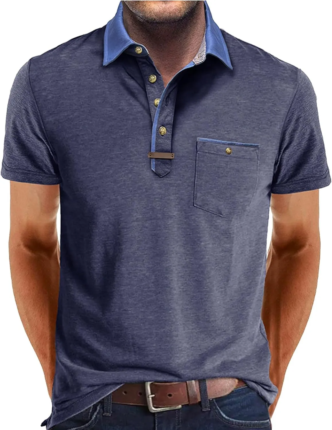 Men's Regular Fit Casual Short Sleeve Vintage Dual Tipped Collar Button Down Polo Shirt Golf Tee Shirts with Pocket