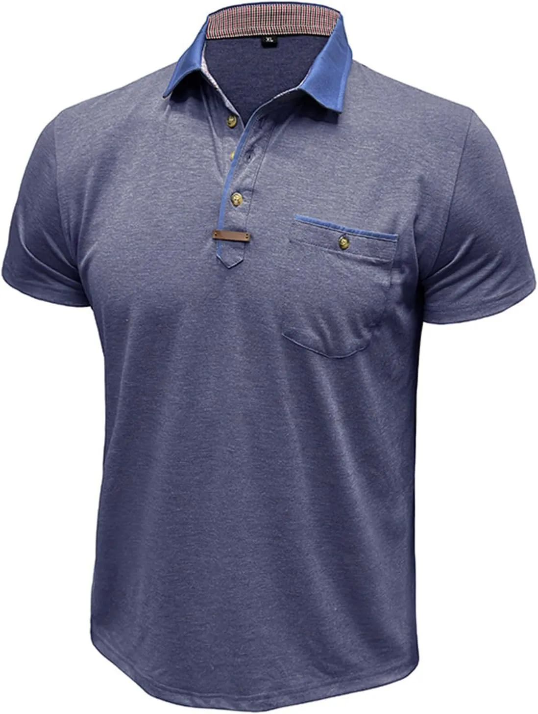 Men's Regular Fit Casual Short Sleeve Vintage Dual Tipped Collar Button Down Polo Shirt Golf Tee Shirts with Pocket