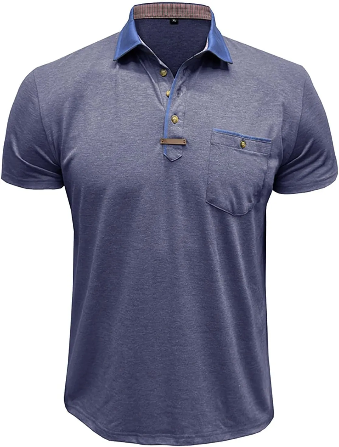 Men's Regular Fit Casual Short Sleeve Vintage Dual Tipped Collar Button Down Polo Shirt Golf Tee Shirts with Pocket