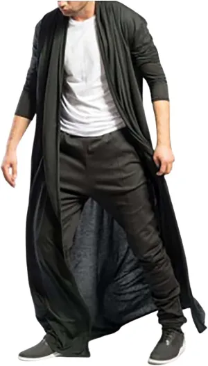 Men's Ruffle Shawl Collar Cardigan Long Length Trench Coat Lightweight Open Front Drape Cape Overcoat Big&Tall