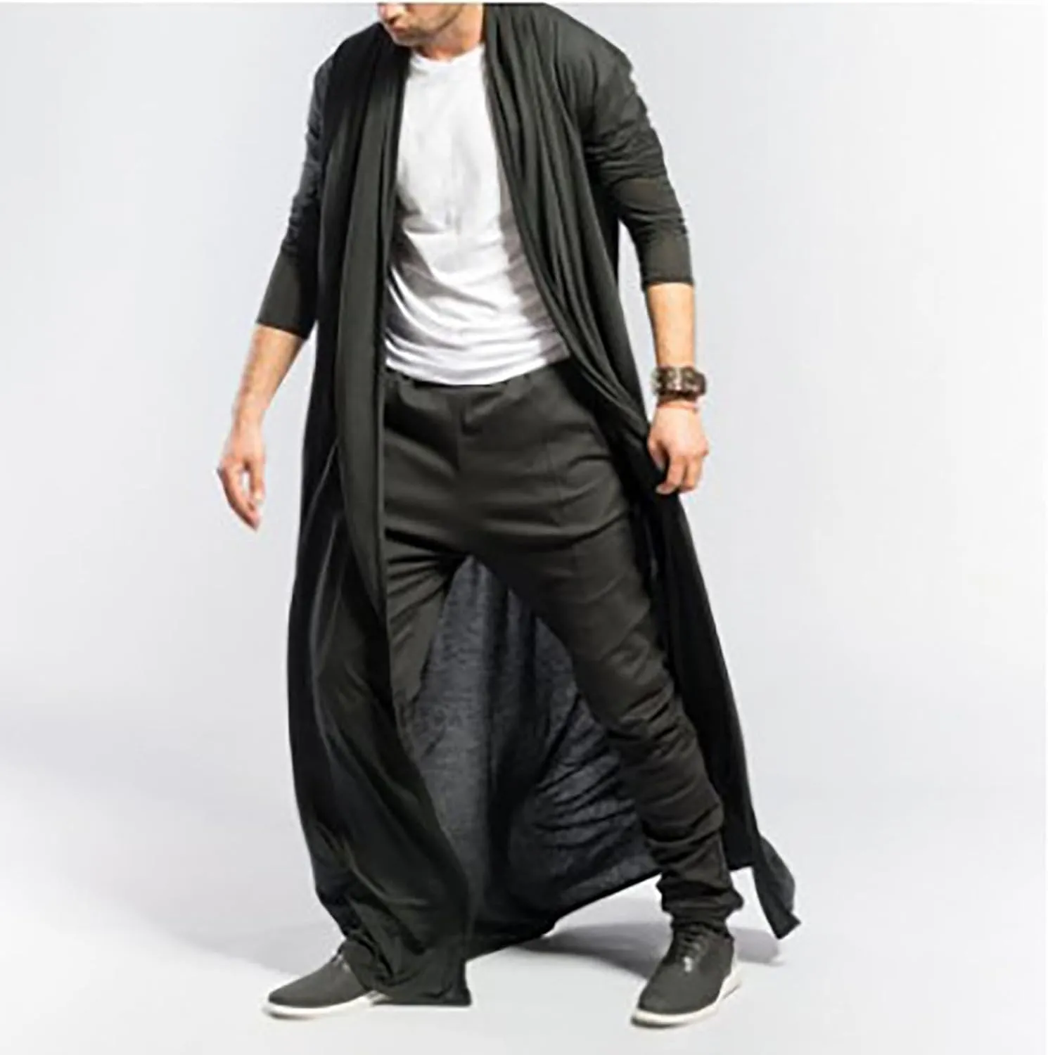 Men's Ruffle Shawl Collar Cardigan Long Length Trench Coat Lightweight Open Front Drape Cape Overcoat Big&Tall