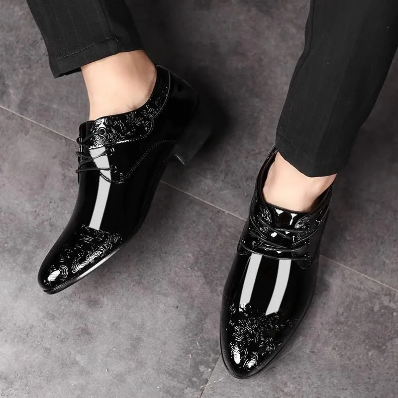 Men's Shiny Patent Leather Dress Shoes Fashion Classic Pointed Toe Oxfords Shoes Lace Up Low Business Office Wedding Derby Shoes for Men