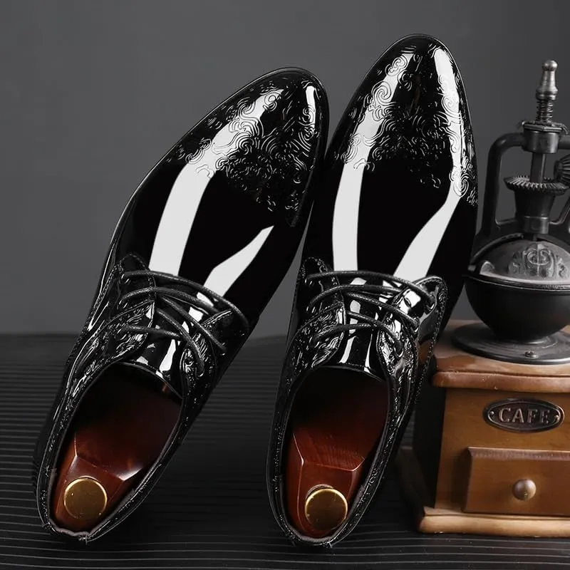 Men's Shiny Patent Leather Dress Shoes Fashion Classic Pointed Toe Oxfords Shoes Lace Up Low Business Office Wedding Derby Shoes for Men