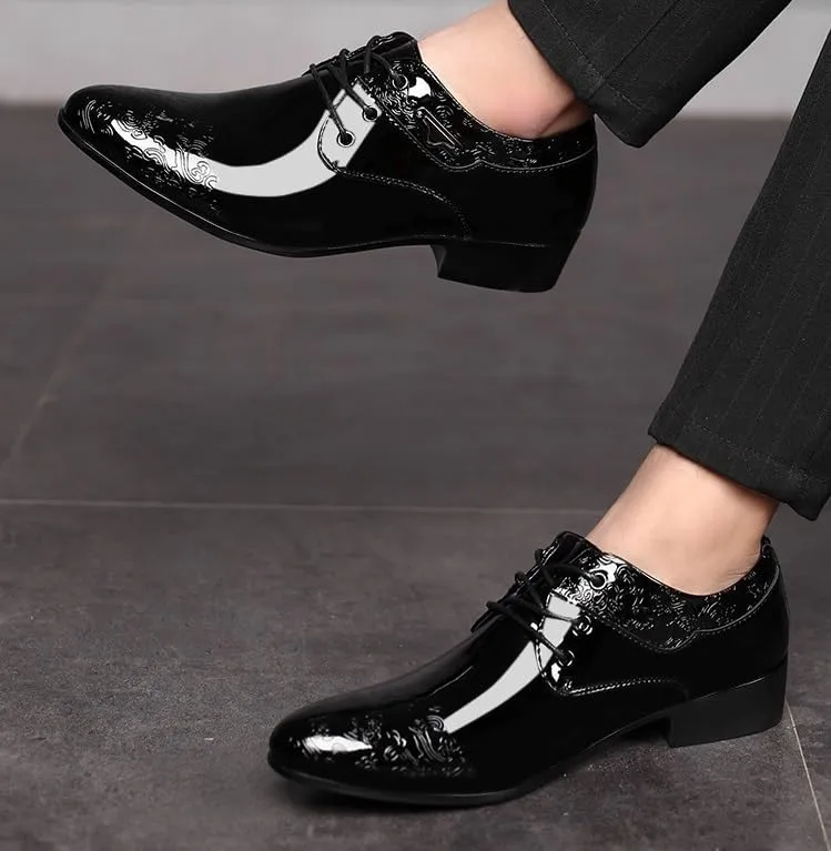 Men's Shiny Patent Leather Dress Shoes Fashion Classic Pointed Toe Oxfords Shoes Lace Up Low Business Office Wedding Derby Shoes for Men