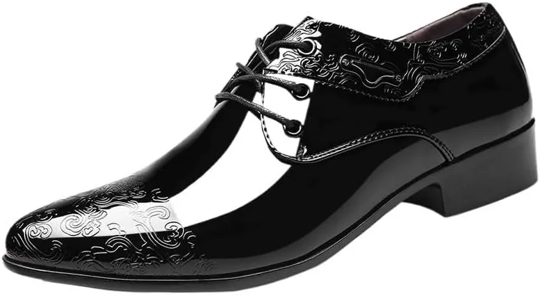 Men's Shiny Patent Leather Dress Shoes Fashion Classic Pointed Toe Oxfords Shoes Lace Up Low Business Office Wedding Derby Shoes for Men