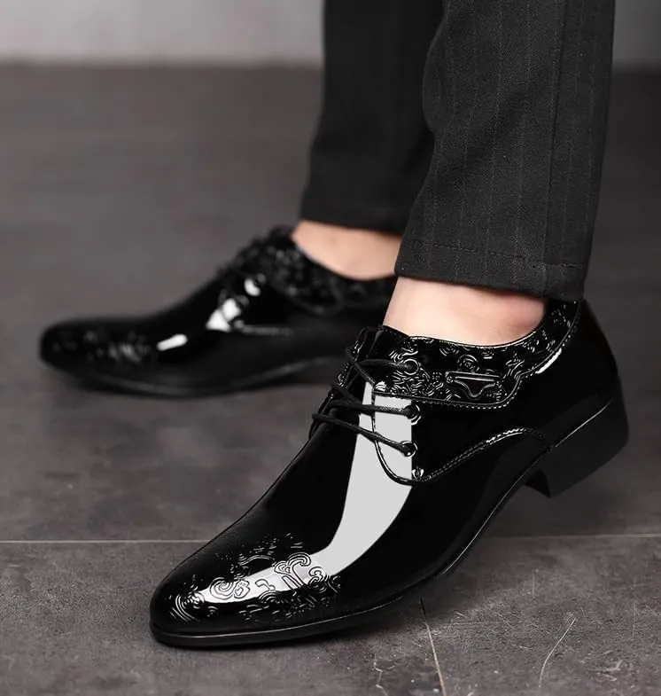Men's Shiny Patent Leather Dress Shoes Fashion Classic Pointed Toe Oxfords Shoes Lace Up Low Business Office Wedding Derby Shoes for Men