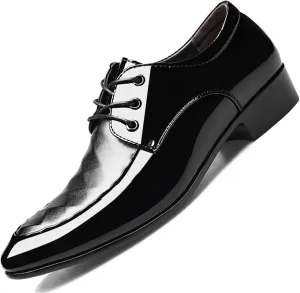 Men's Shiny Patent Leather Dress Shoes Formal Business Casual Oxford Trendy Plaid Upper Tuxedo Shoes for Men