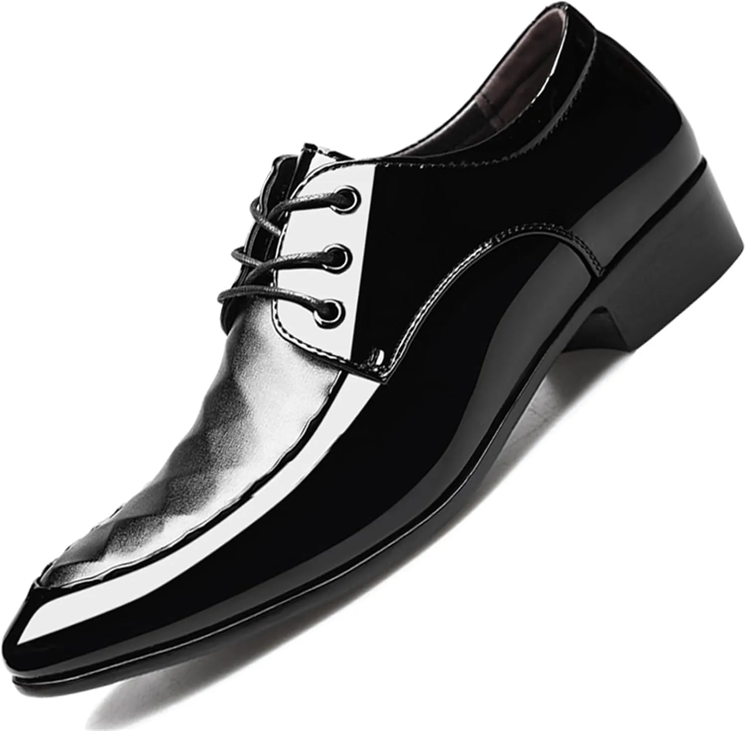 Men's Shiny Patent Leather Dress Shoes Formal Business Casual Oxford Trendy Plaid Upper Tuxedo Shoes for Men