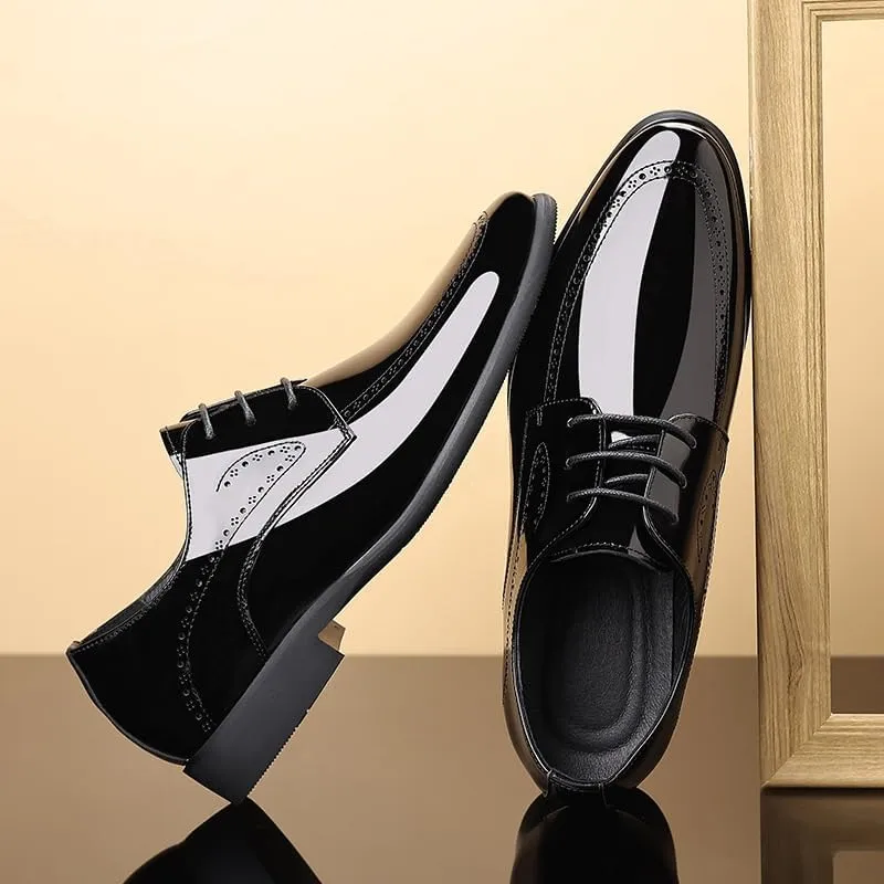 Men's Shiny Patent Leather Dress Shoes Mens Breathable Leather Wingtip Brogue Oxfords Shoes
