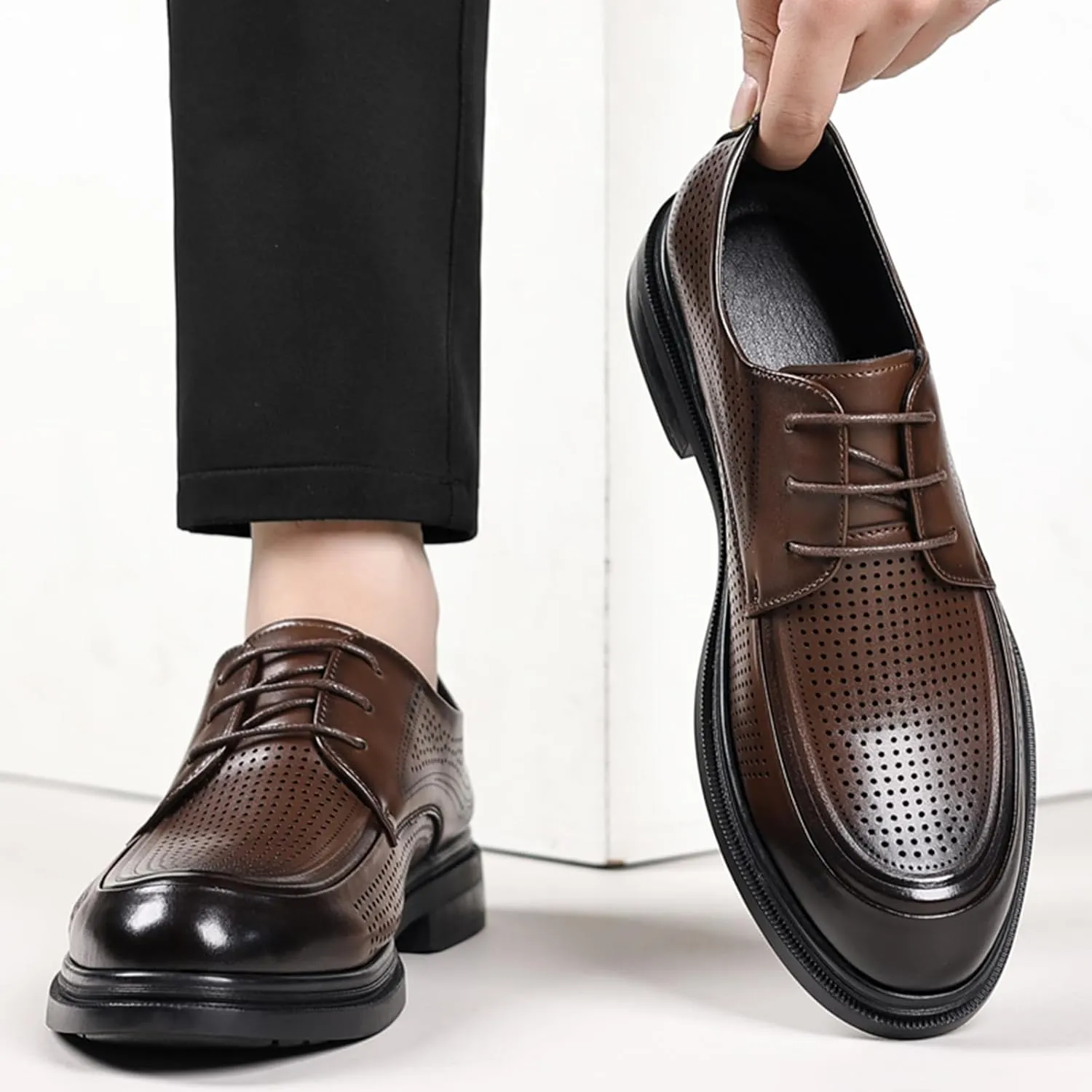 Men's Summer Hollow Breathable Leather Dress Lace-up Oxford Shoes Casual Non-Slip Walking Formal Wedding Business Wintips Flat Derby Shoes