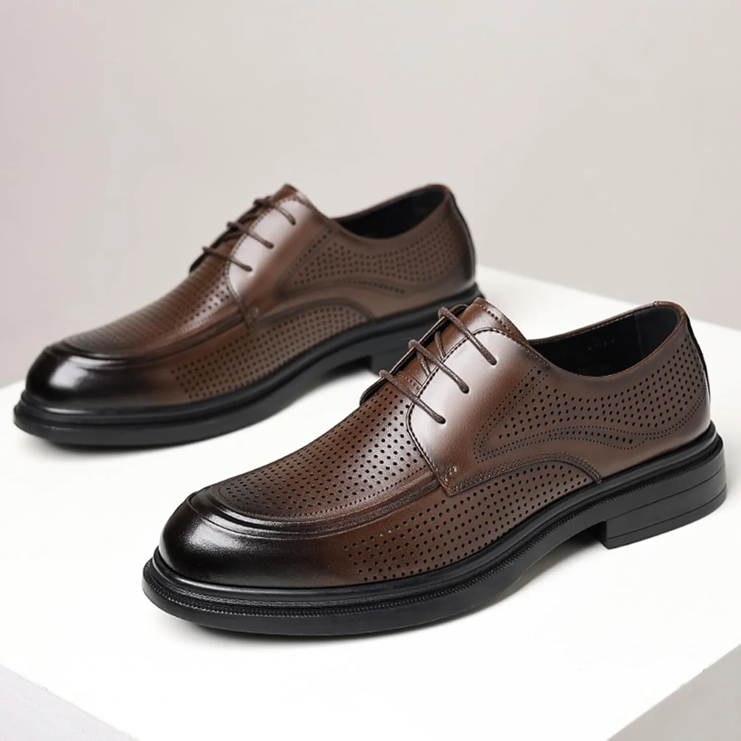 Men's Summer Hollow Breathable Leather Dress Lace-up Oxford Shoes Casual Non-Slip Walking Formal Wedding Business Wintips Flat Derby Shoes