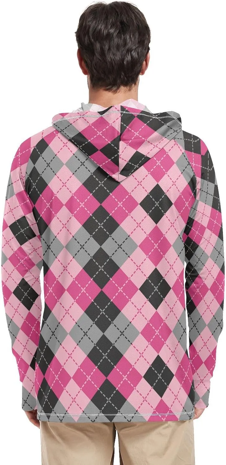 Mens Sun Protection Hoodie Long Sleeve Argyle Plaid Fishing Shirt UPF 50  Clothing Hood Shirts Rash Guard Men UV