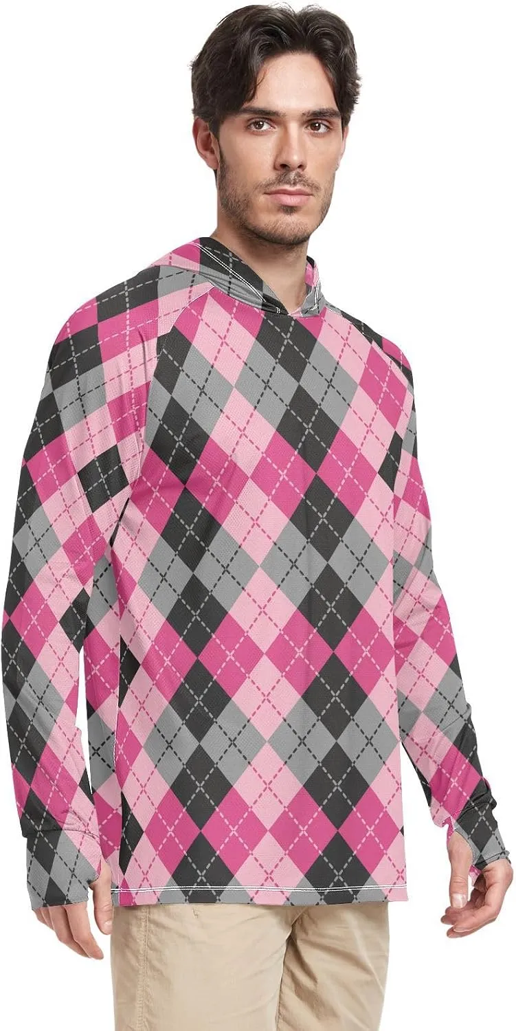 Mens Sun Protection Hoodie Long Sleeve Argyle Plaid Fishing Shirt UPF 50  Clothing Hood Shirts Rash Guard Men UV