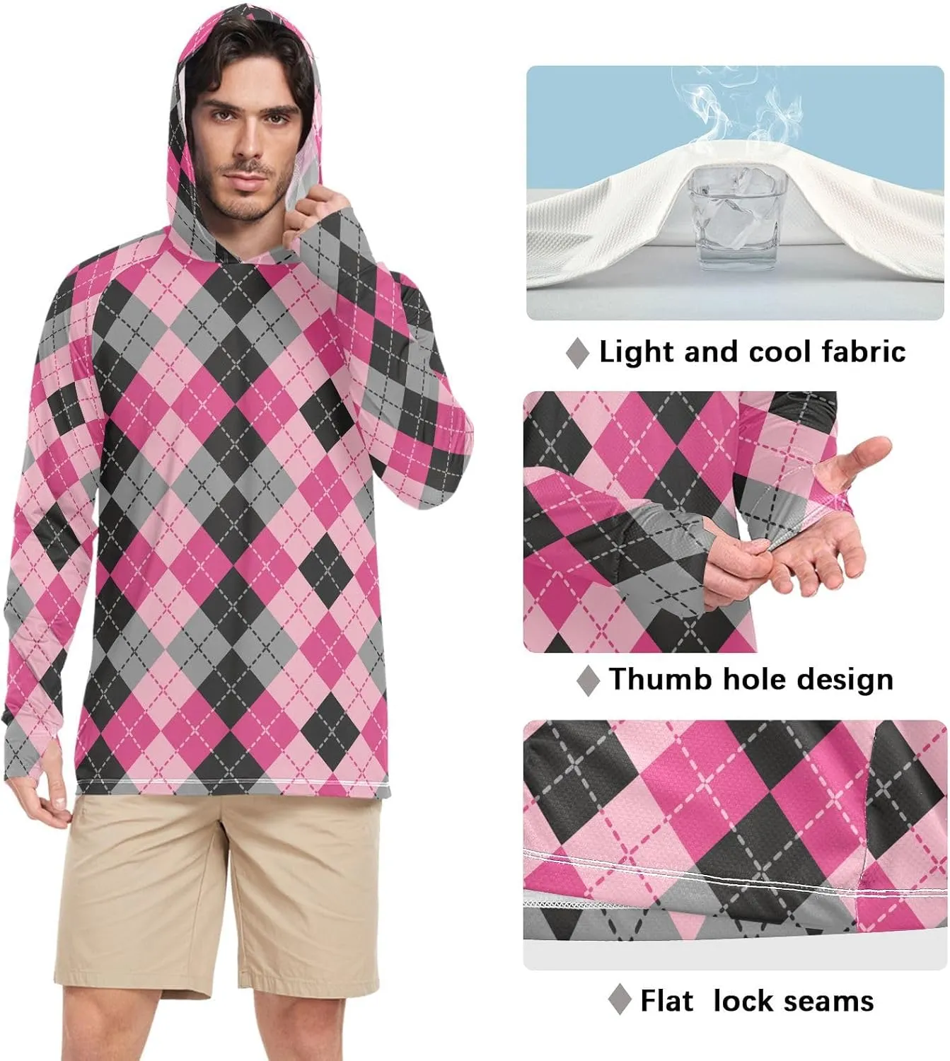 Mens Sun Protection Hoodie Long Sleeve Argyle Plaid Fishing Shirt UPF 50  Clothing Hood Shirts Rash Guard Men UV
