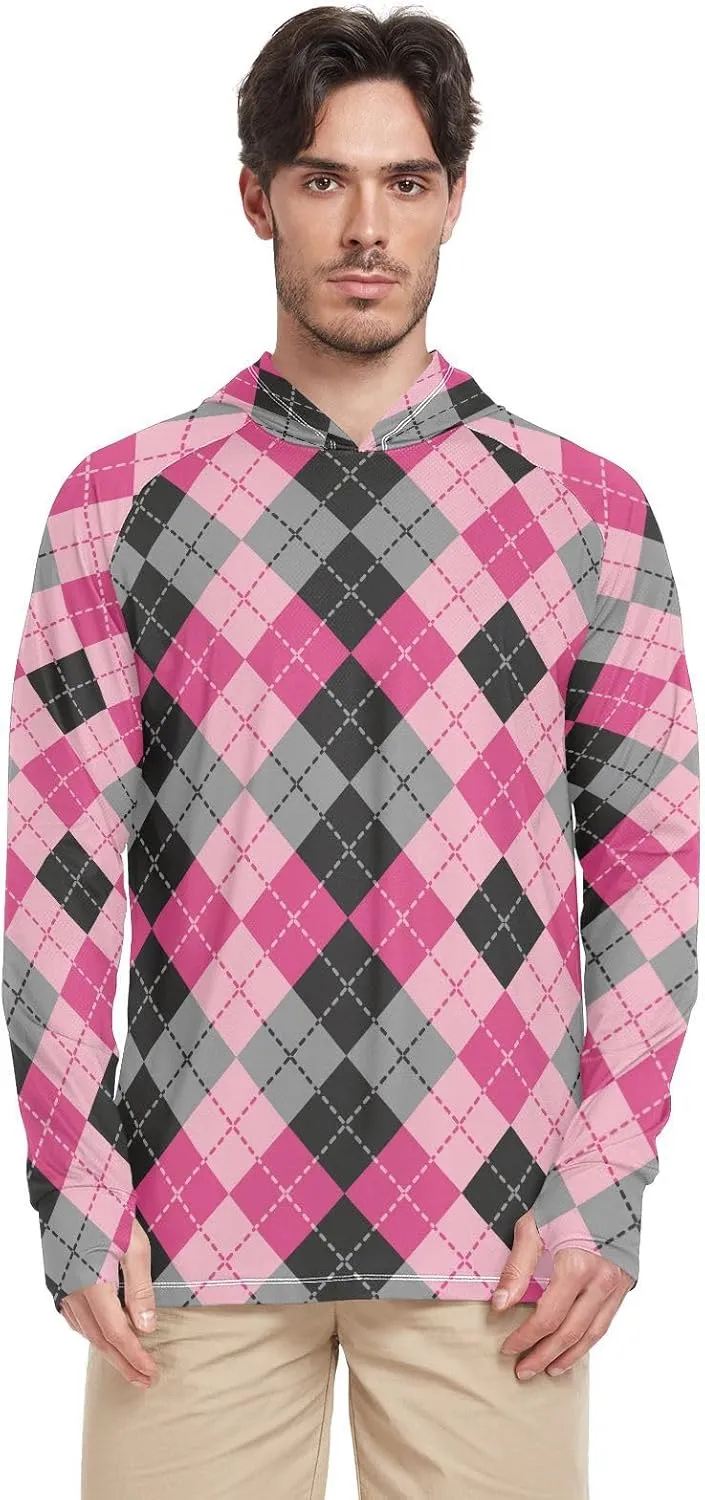 Mens Sun Protection Hoodie Long Sleeve Argyle Plaid Fishing Shirt UPF 50  Clothing Hood Shirts Rash Guard Men UV