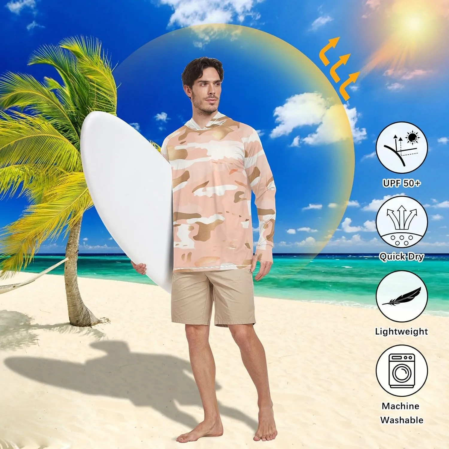 Mens Sun Protection Hoodie Long Sleeve Quick-Dry UPF 50  Rash Guard for Men