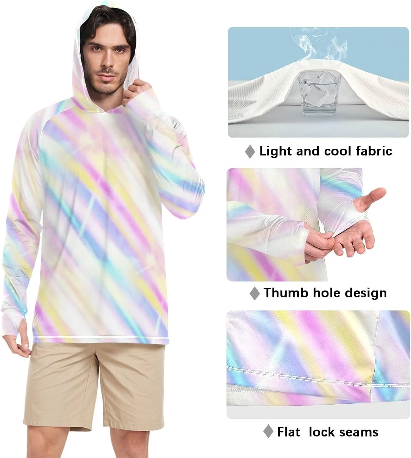 Mens Sun Protection Hoodie Long Sleeve Sun Shirt with Hood UPF 50 UV Rashguard for Men Active Wear Tie Dye Colorful