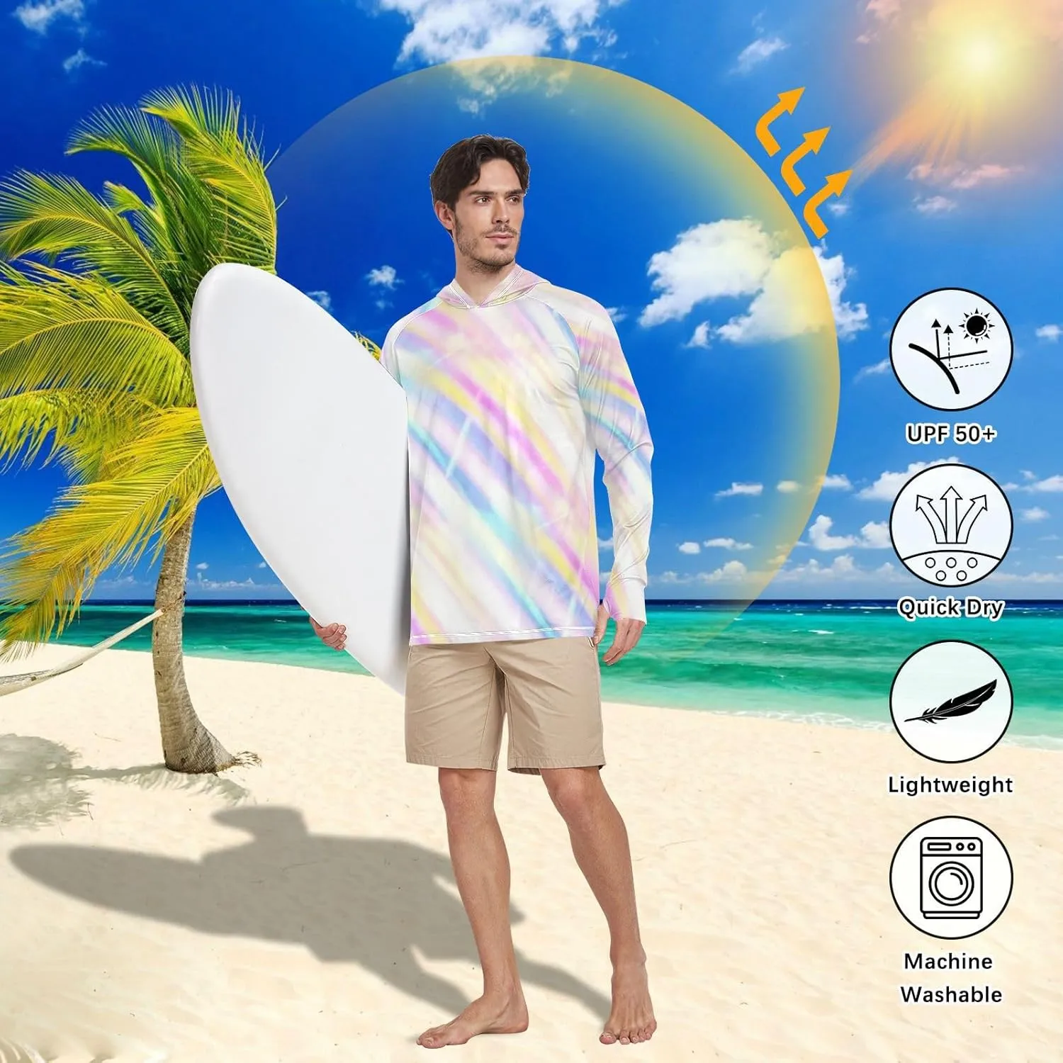 Mens Sun Protection Hoodie Long Sleeve Sun Shirt with Hood UPF 50 UV Rashguard for Men Active Wear Tie Dye Colorful