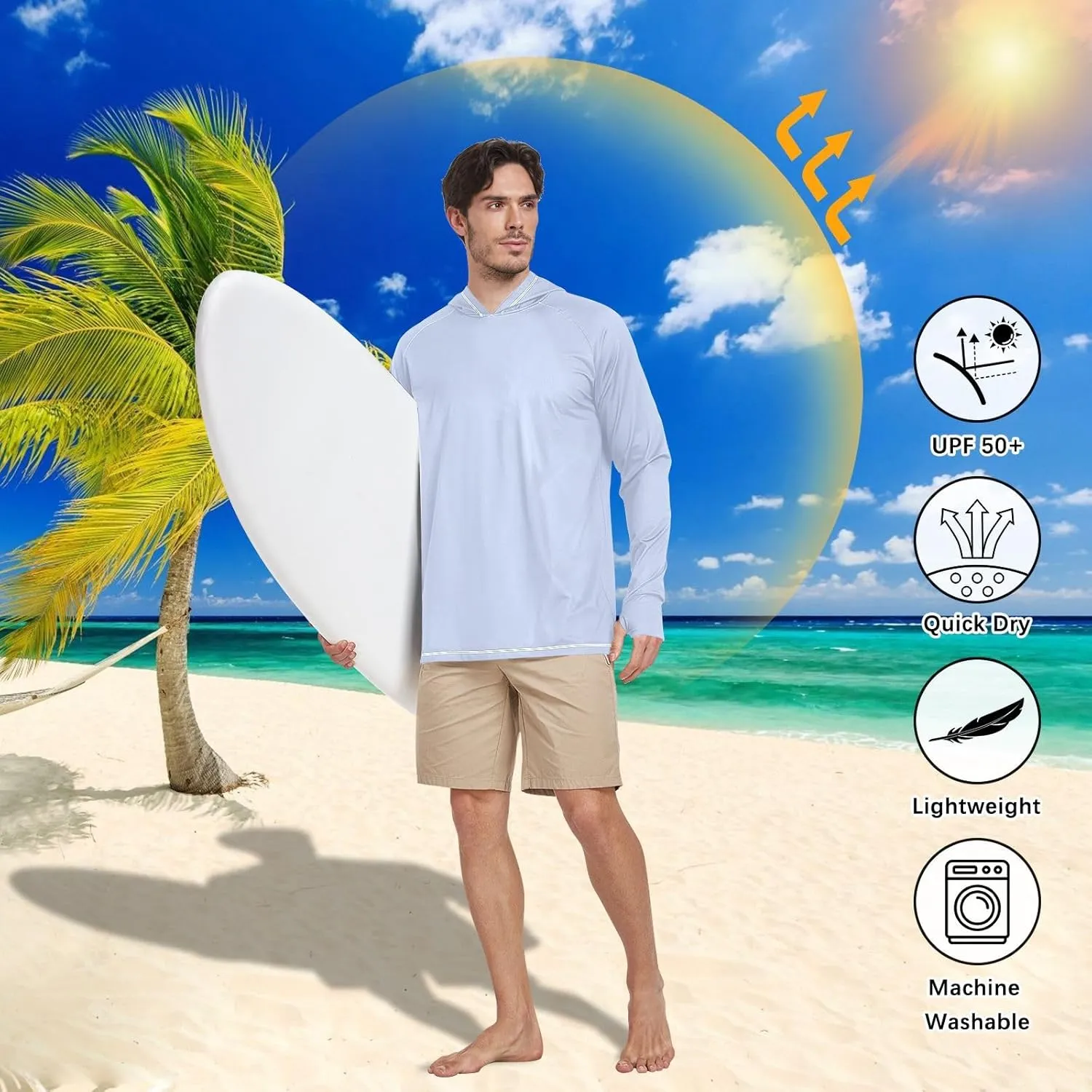 Mens Sun Shirts Protection Long Sleeve Sun Shirt with Hood UPF 50  Quick-Dry Men UV Rash Guards Sailing Shirts