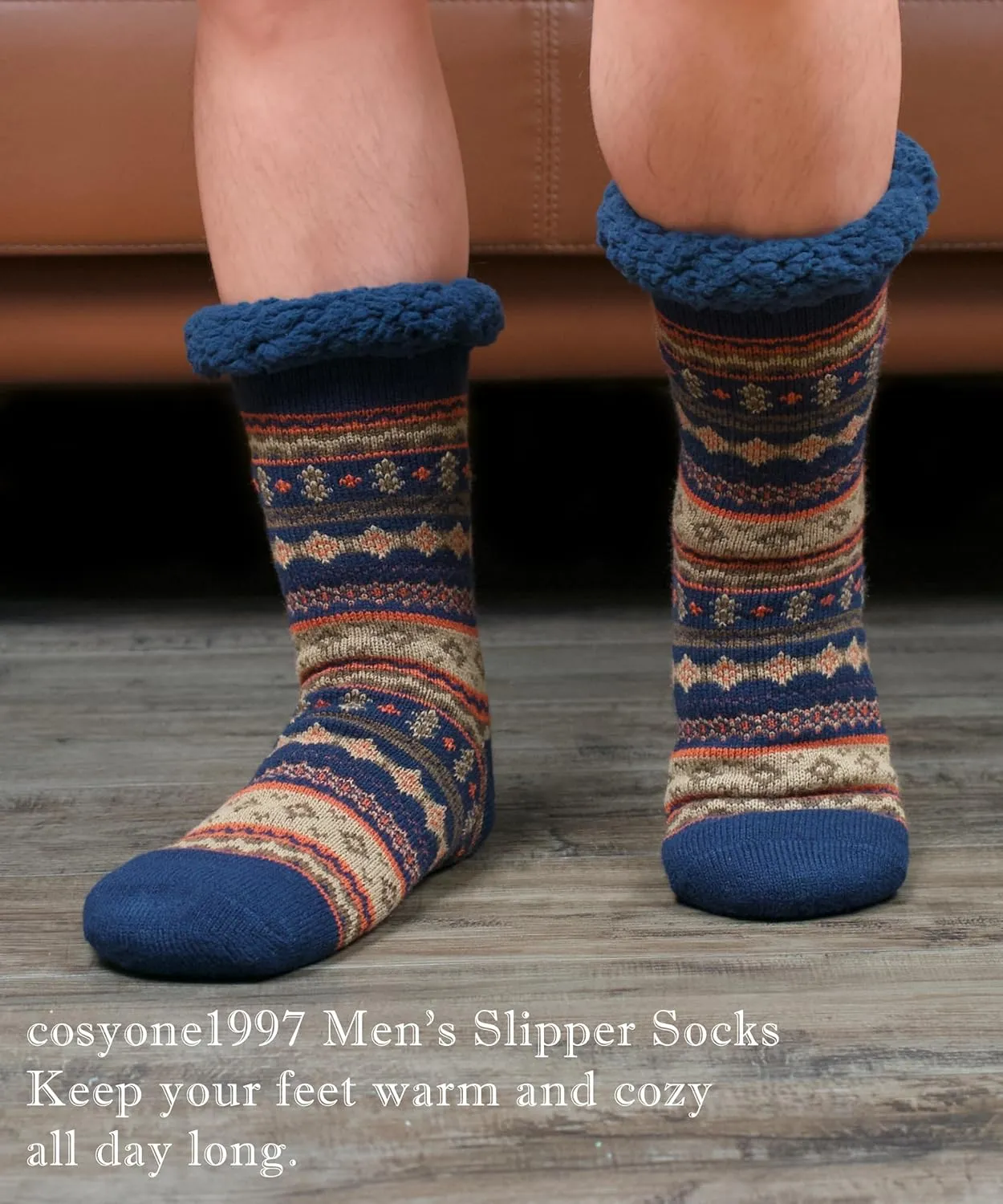 Men's Warm Slipper Socks with Grips, Winter Thermal Cabin Fuzzy Socks, Cozy Christmas Gifts for Men Unique