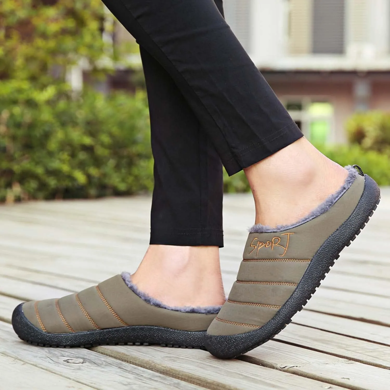 Mens Waterproof House Slippers Plus Size Non-slip Rubber Sole Slip on Winter Warm Lined Home Slippers