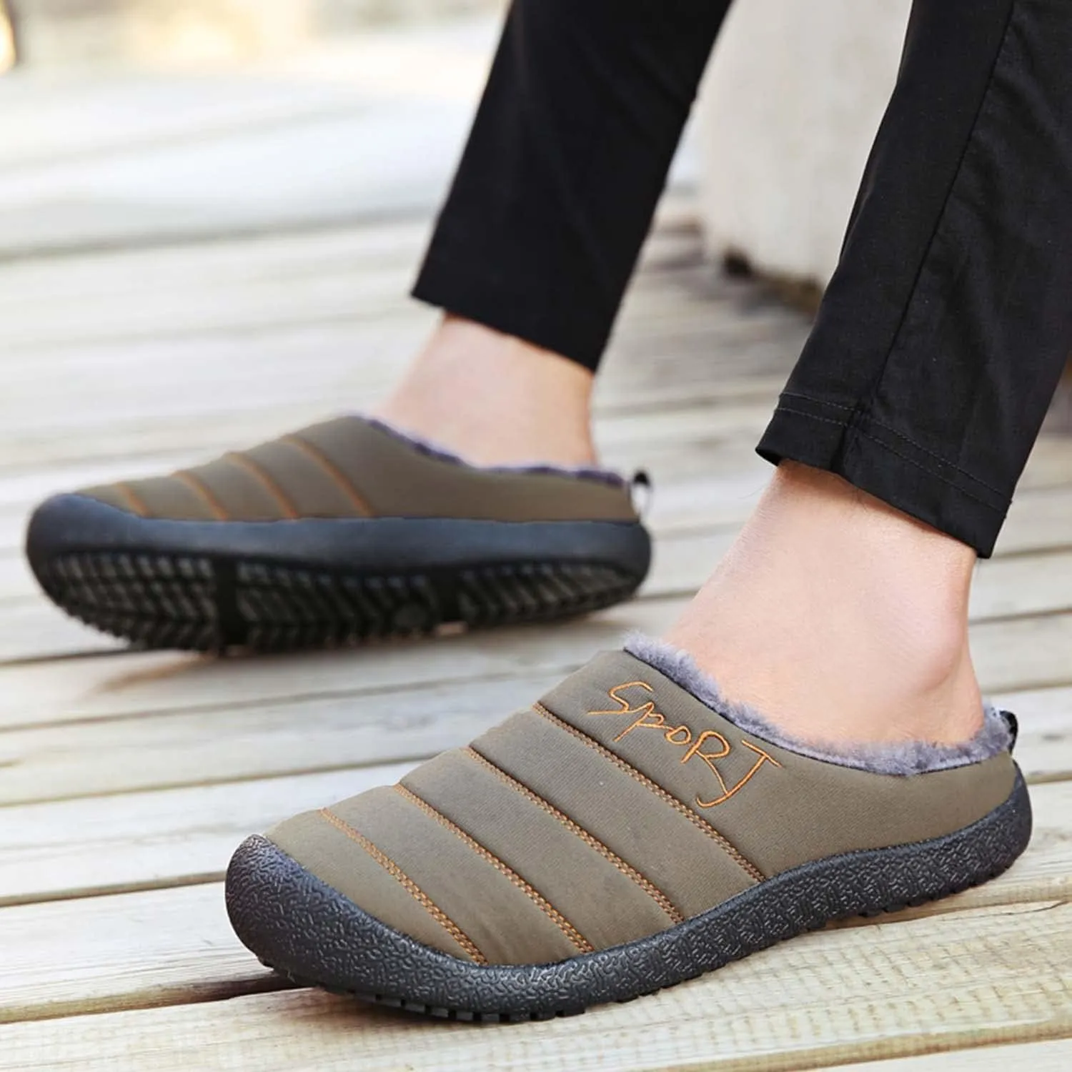 Mens Waterproof House Slippers Plus Size Non-slip Rubber Sole Slip on Winter Warm Lined Home Slippers