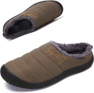 Mens Waterproof House Slippers Plus Size Non-slip Rubber Sole Slip on Winter Warm Lined Home Slippers