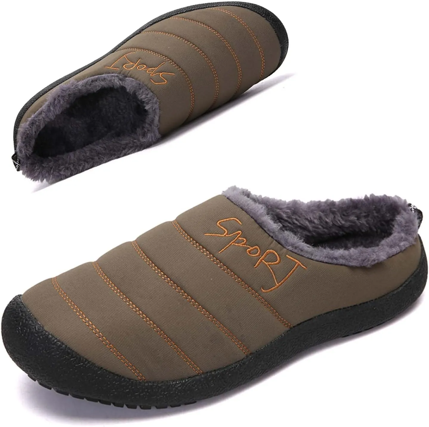 Mens Waterproof House Slippers Plus Size Non-slip Rubber Sole Slip on Winter Warm Lined Home Slippers