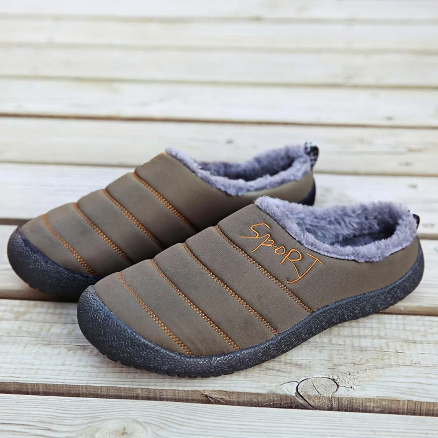 Mens Waterproof House Slippers Plus Size Non-slip Rubber Sole Slip on Winter Warm Lined Home Slippers