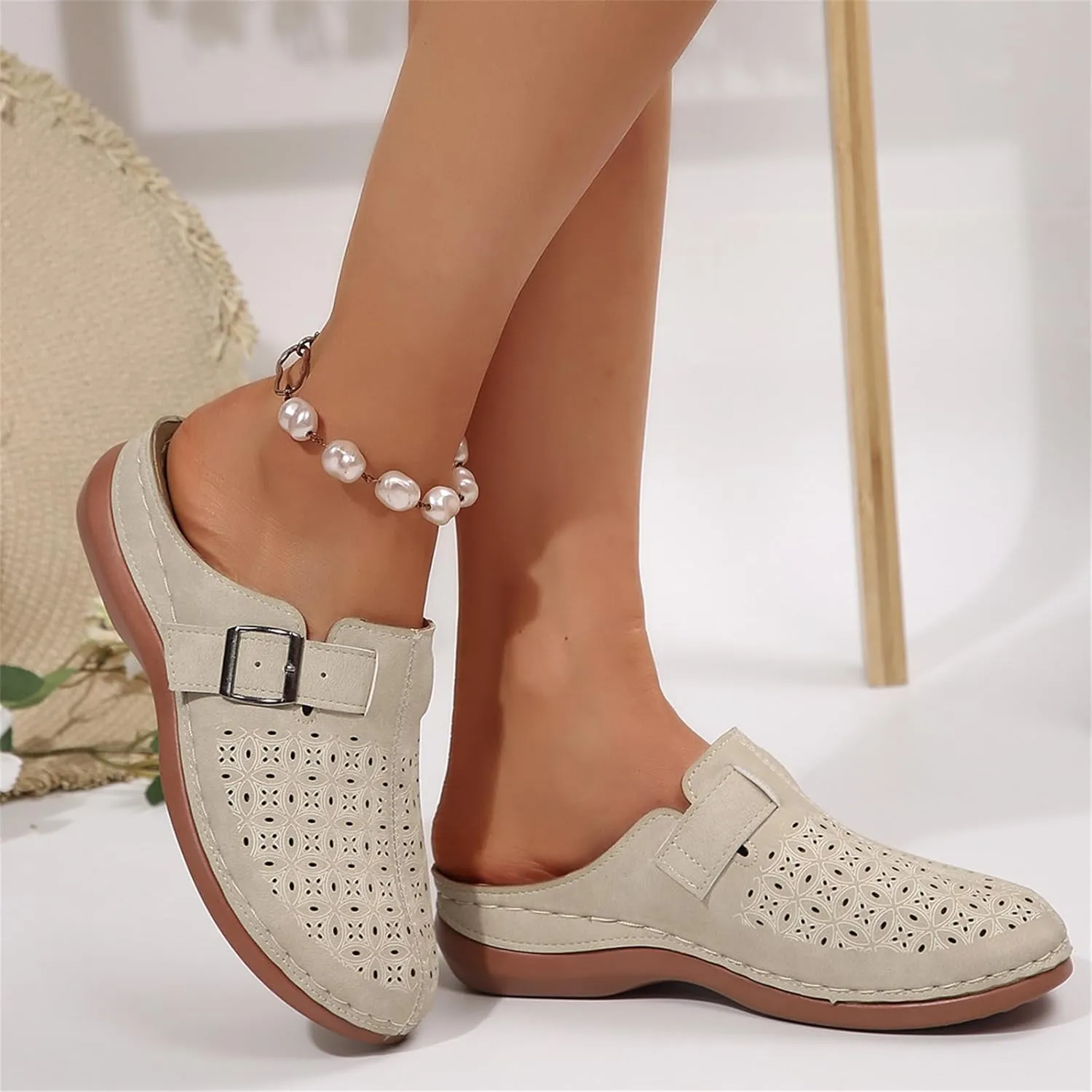 Mules for Women Comfort Closed Toe Sandals Summer Slip on Wedge Sandals with Adjustable Hook Loop Comfortable Clogs Flats Sandal with Arch Support Lightweight Breathable Walking Slippers