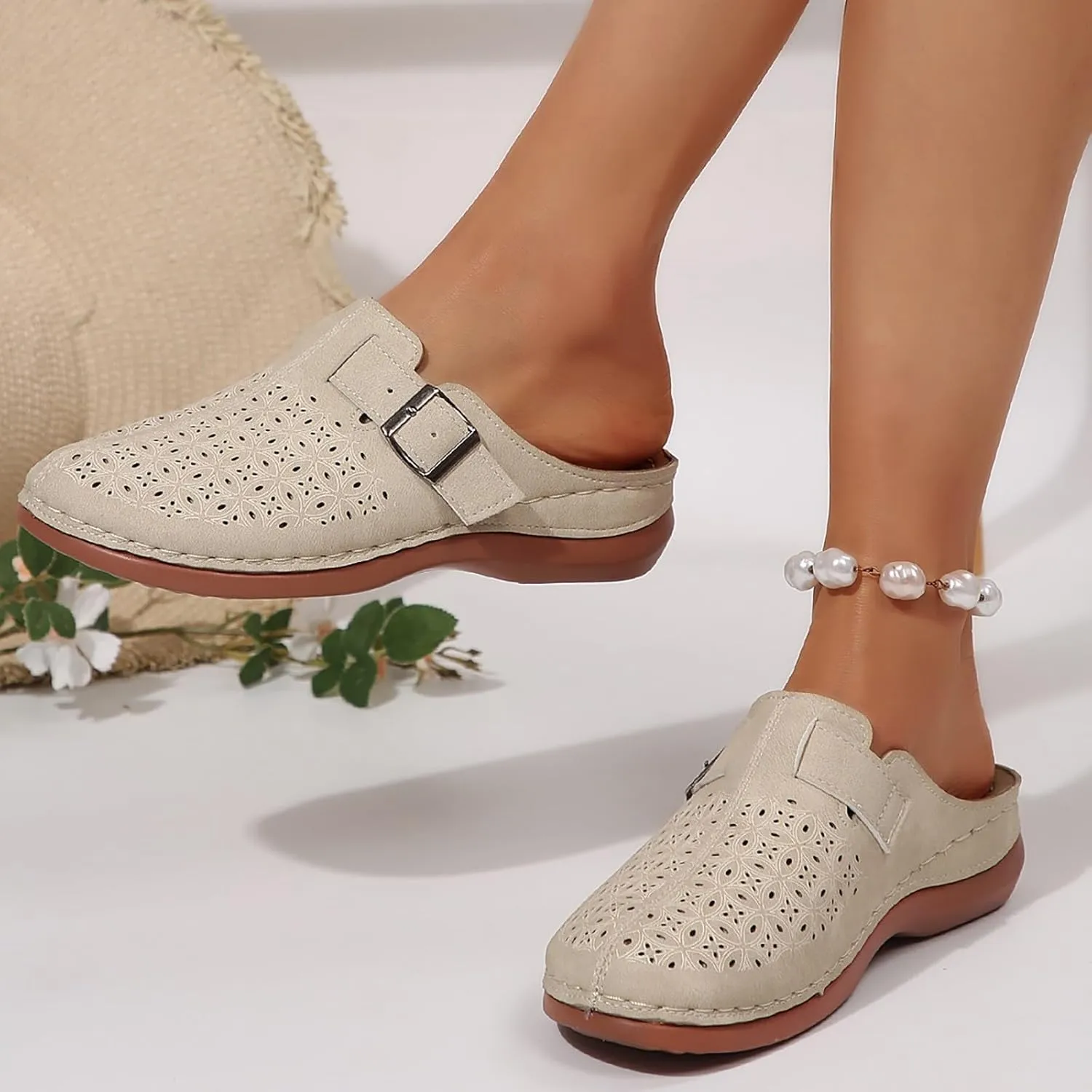 Mules for Women Comfort Closed Toe Sandals Summer Slip on Wedge Sandals with Adjustable Hook Loop Comfortable Clogs Flats Sandal with Arch Support Lightweight Breathable Walking Slippers