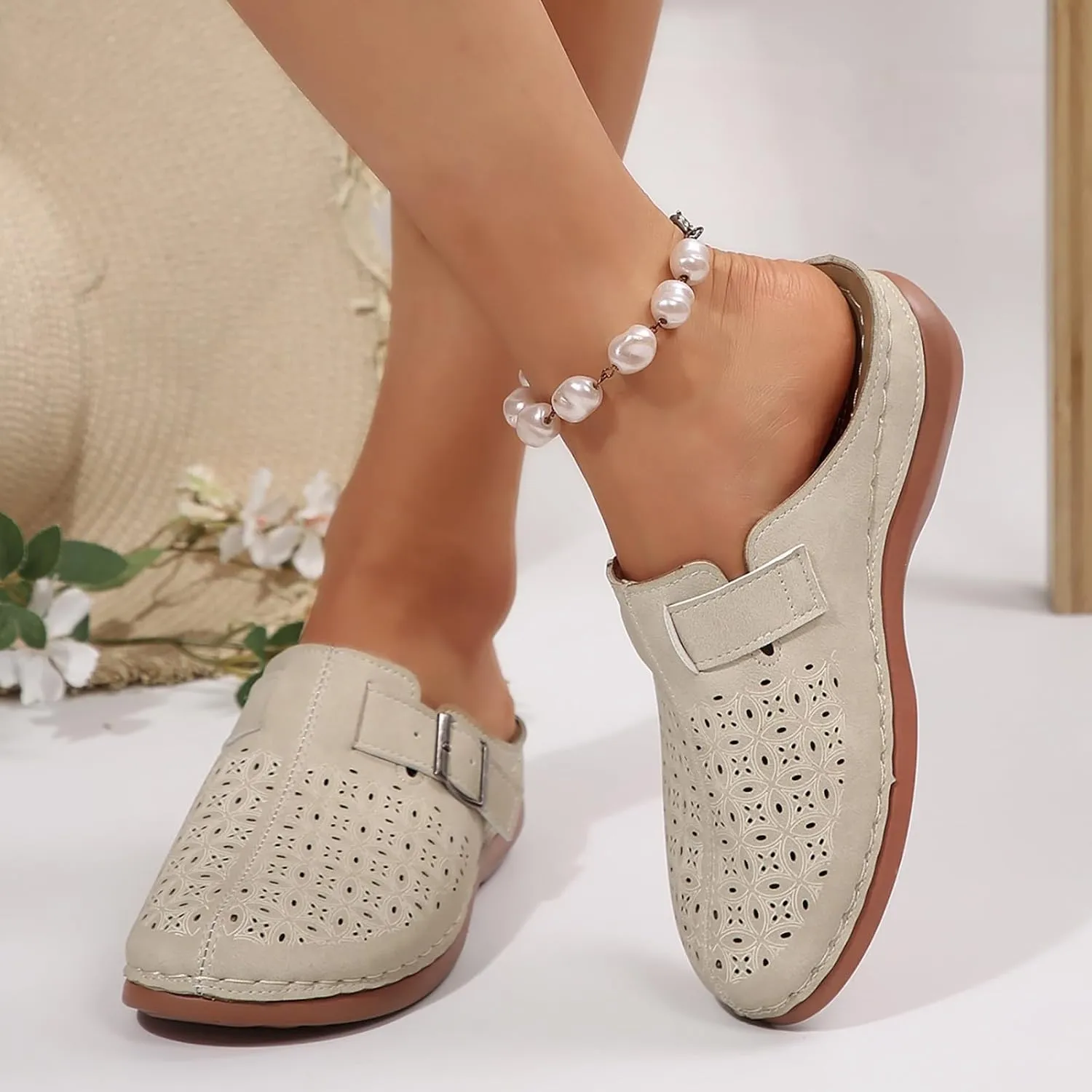 Mules for Women Comfort Closed Toe Sandals Summer Slip on Wedge Sandals with Adjustable Hook Loop Comfortable Clogs Flats Sandal with Arch Support Lightweight Breathable Walking Slippers