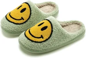 NEVEROLD Fun Happy Face Smile Emoticon Fluffy Sherpa Slip On House Slippers for Women and Men