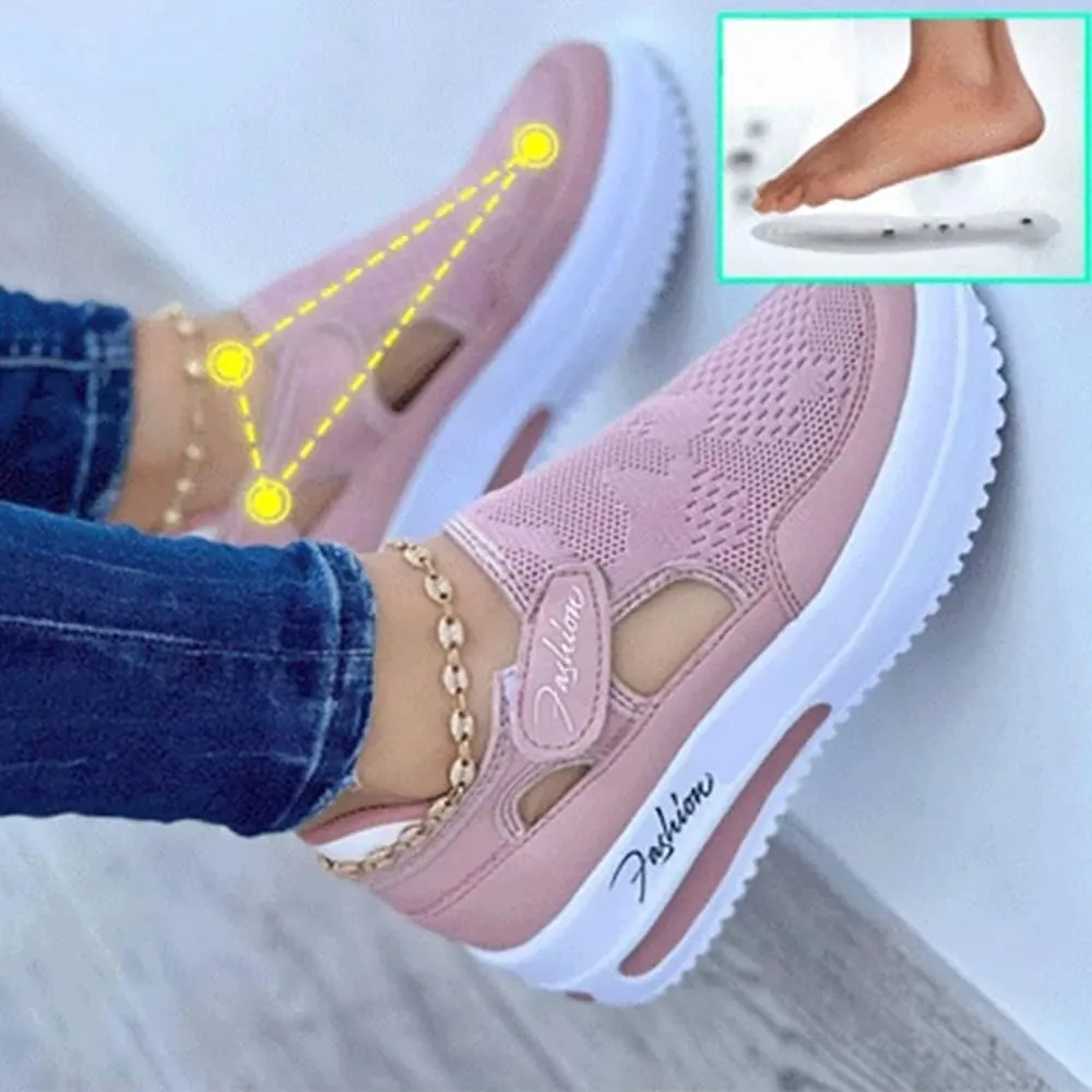 NHBEOEN Women's Orthopedic Shoes,Casual Breathable Mesh Flat Sneakers,Round Toe Thick Heel Buckle Hook Loop Work Shoes