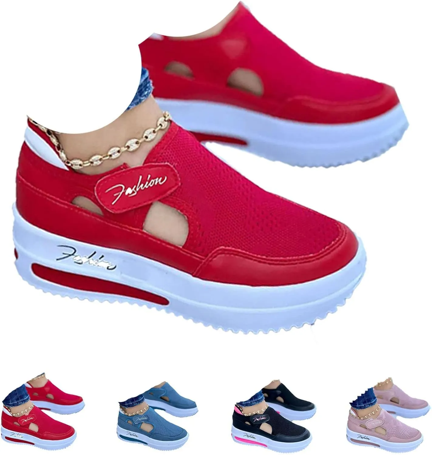 NHBEOEN Women's Orthopedic Shoes,Casual Breathable Mesh Flat Sneakers,Round Toe Thick Heel Buckle Hook Loop Work Shoes