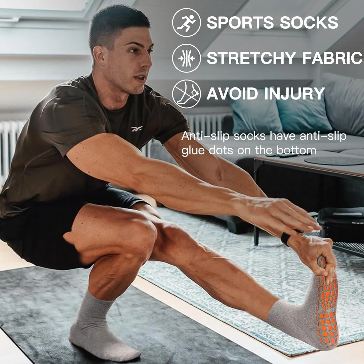NOVAYARD 5 Pairs Non Slip Grips Socks-Non Skid Crew Socks for Hospital Diabetic Yoga Pilates Barre Men Women